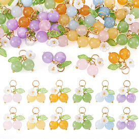30 шт. 6 цвета подвески из натурального малайзийского нефрита, белого нефрита, топаза, зеленого нефрита и желтого нефрита, Фруктовые подвески с акриловыми листьями и бусинами из искусственного жемчуга, смешанные окрашенные и неокрашенные, золотые