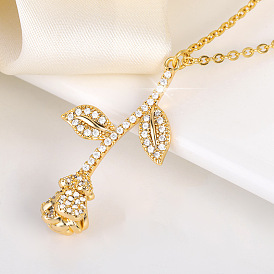 Vintage Romantic Rose Pendant Necklace with Zircon for Women's Collarbone Chain Jewelry