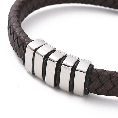 304 Stainless Steel Rectangle Beaded Bracelet with Magnetic Clasps, Black Leather Braided Cord Punk Wristband for Men Women