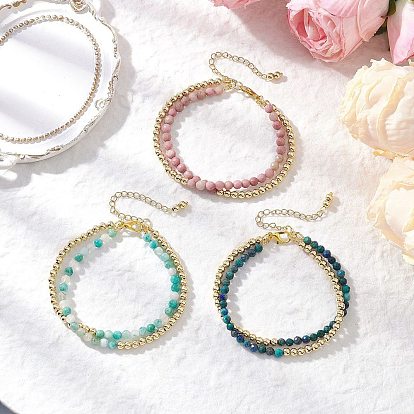 3шт. натуральные родонит, хризоколла, лазурит и окрашенный гемиморфит круглые бусины двухслойные браслеты для женщин, с латунным шарики прокладки