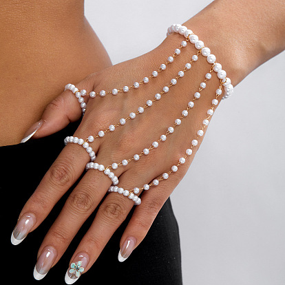 Pulseras de esclavas de perlas de imitación, Pulseras de aleación con cadena y anillo para mujer, dorado