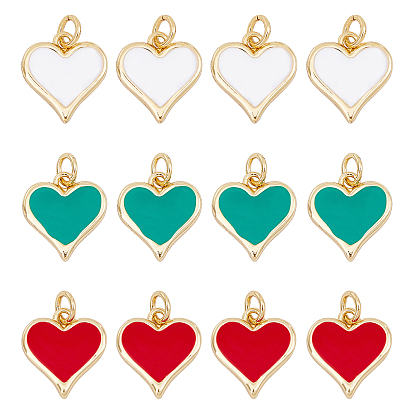 12pcs 3 couleurs réelles 18 breloques en laiton plaqué or 14 carats, avec émail et anneaux de saut, plaqué longue durée, cœur