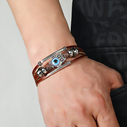Owl with Evil Eye Alloy Link Multi-strand Bracelets, PU Leather Braided Triple Layer Gothic Bracelet for Men Women