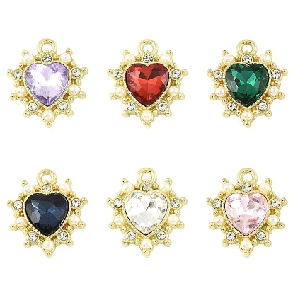 6шт 6 цветные акриловые подвески со стразами, с бусинами из сплава и пластика, имитирующими жемчуг, сердце прелести