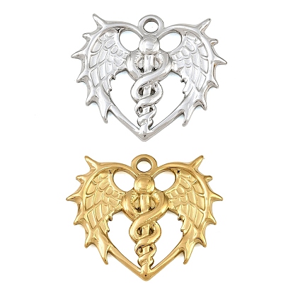 304 Stainless Steel Pendants, Heart with Wing Charms