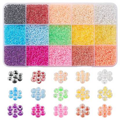 182G 14 Colors Transparent Glass Seed Beads, Inside Colours, Round Hole, Round