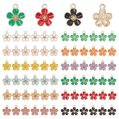 72Pcs 12 Colors Eco-Friendly Zinc Alloy Pendants, with Enamel, Cadmium Free & Nickel Free & Lead Free, 5- Petal Flower, Light Gold