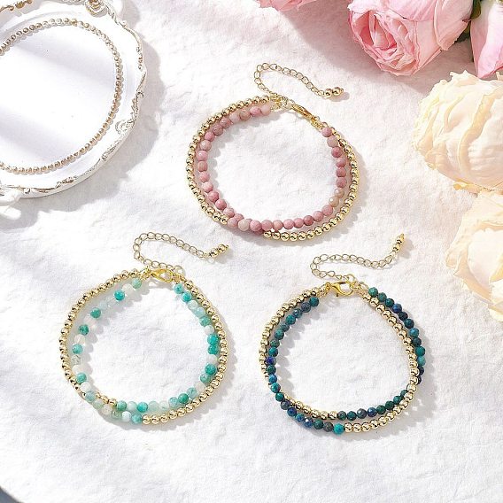 3шт. натуральные родонит, хризоколла, лазурит и окрашенный гемиморфит круглые бусины двухслойные браслеты для женщин, с латунным шарики прокладки