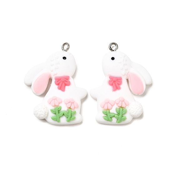 Непрозрачные подвески смолы, кролик с бантом и цветком, с платиновым тоном железная петля