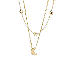 Pendentif lune rétro double couche, collier k pour femmes, simple étoile, collier de perles d'eau douce