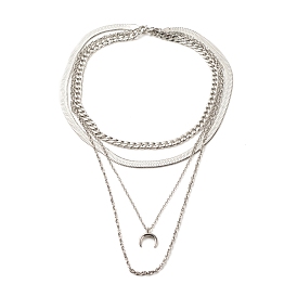 304 Stainless Steel Chains Multi Layered Necklace with Crescent Moon Pendant for Men Women
