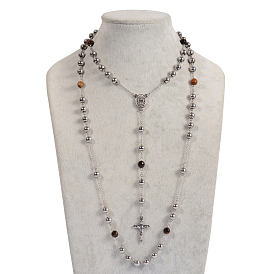 304 inoxydable colliers de perles de chapelet d'acier, avec des perles oeil de tigre et mousquetons