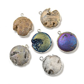 Electroplated Natural Druzy Agate Pendants, Brass Flat Round Charms, Silver Color