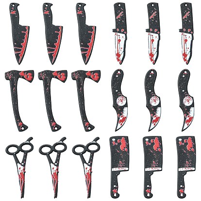 12шт 6 стилей непрозрачной смолы хэллоуин готические подвески ужасов, кровавый нож/топор/ножницы, для изготовления ювелирных серег