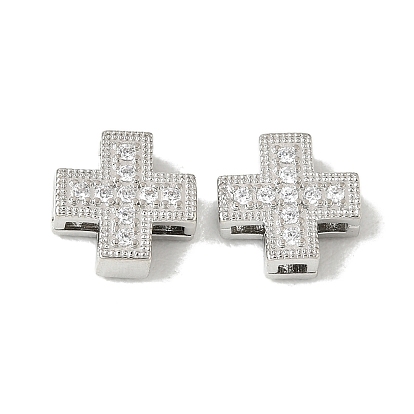 Brass Micro Pave Clear Cubic Zirconia Beads, Cross, Long-Lasting Plated, Cadmium Free & Lead Free, Rack Plating