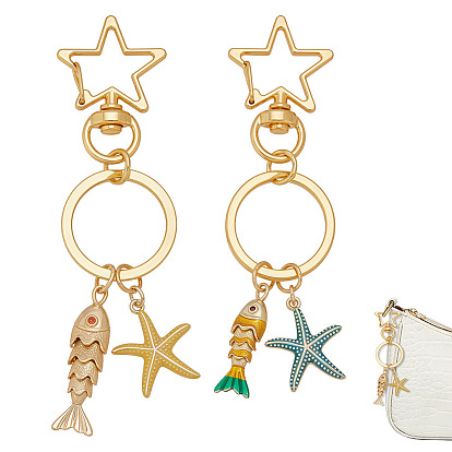 2pcs porte-clés en laiton émaillé, étoile de mer et poisson, avec des anneaux de fer