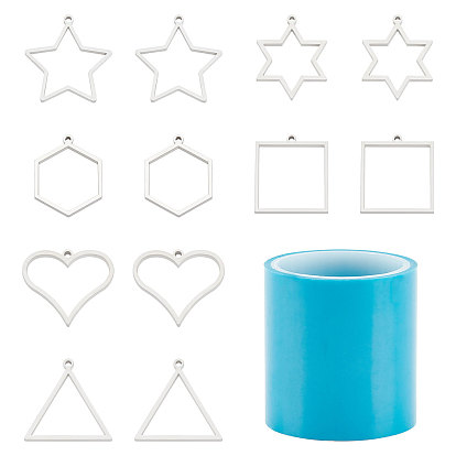 12Pcs 6 Styles Heart & Star & Geometry Matte 304 Stainless Steel Open Back Bezel Pendants, 1 Roll Seamless Paper Tape, DIY Epoxy Resin Crafts