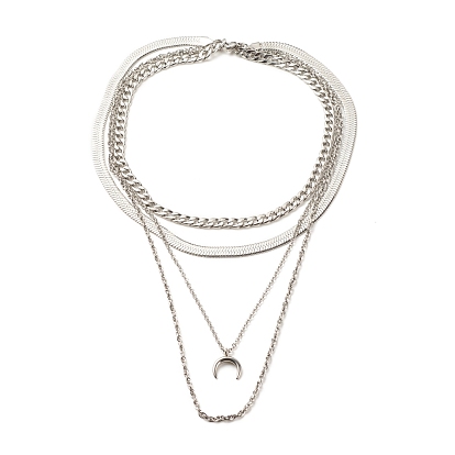 304 Stainless Steel Chains Multi Layered Necklace with Crescent Moon Pendant for Men Women