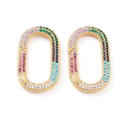 Brass Micro Pave Cubic Zirconia Spring Gate Rings, Cadmium Free & Lead Free, Long-Lasting Plated, Oval, Colorful