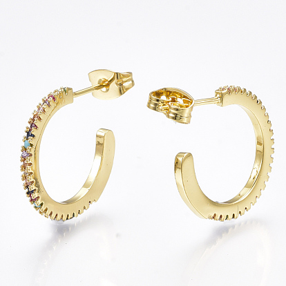 Brass Micro Pave Cubic Zirconia Stud Earrings, Half Hoop Earrings