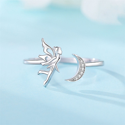 925 кольца манжеты из серебра микропаве фианит, луна и фея, регулируемый, с печатью s925