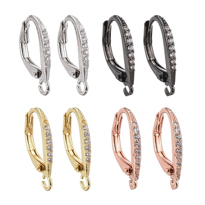 4 Pairs 4 Color Brass Micro Pave Clear Cubic Zirconia Leverback Earring Findings, with Loop