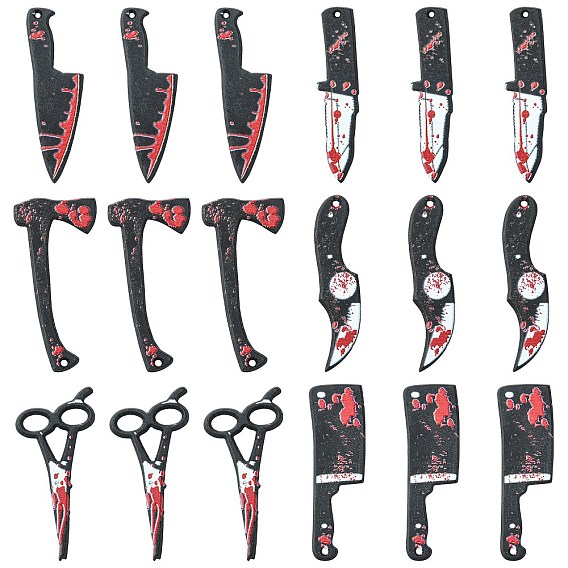 12шт 6 стилей непрозрачной смолы хэллоуин готические подвески ужасов, кровавый нож/топор/ножницы, для изготовления ювелирных серег