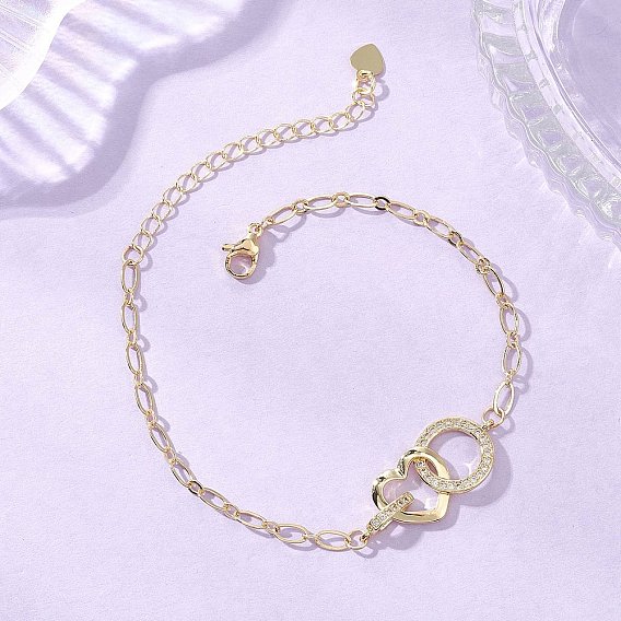 Кольцо из латуни с микропаве из прозрачных кубических цирконий и браслеты в форме сердца, браслеты-цепочки Фигаро из латуни для женщин