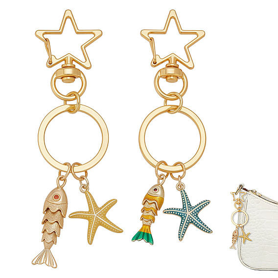 2Pcs Brass Enamel Keychain, Starfish & Fish, with Iron Rings