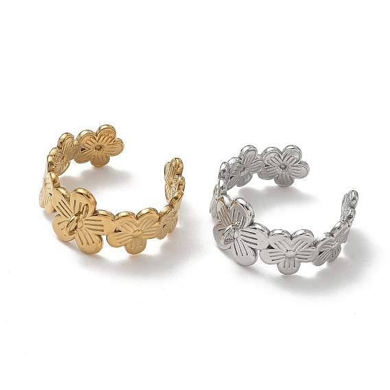 304 Stainless Steel Cuff Open Ring Setting, with Loop, Flower, Ion Plating(IP)