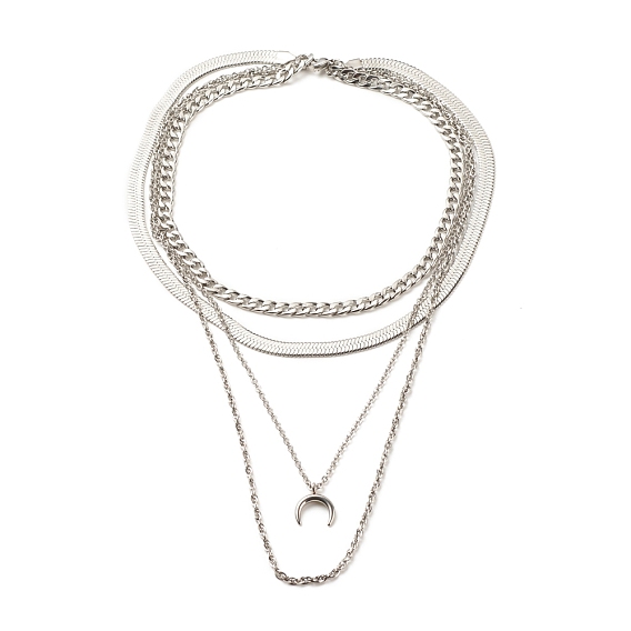 304 Stainless Steel Chains Multi Layered Necklace with Crescent Moon Pendant for Men Women
