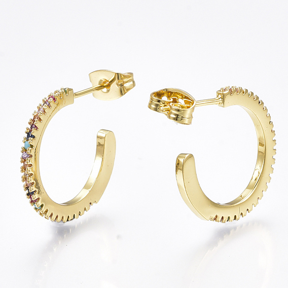 Brass Micro Pave Cubic Zirconia Stud Earrings, Half Hoop Earrings
