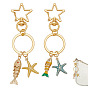 2Pcs Brass Enamel Keychain, Starfish & Fish, with Iron Rings