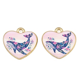 Printed Alloy Pendants, Heart with Whale Charms, Golden, Rack Plating
