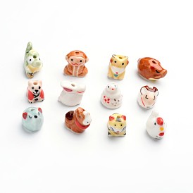 Perles en porcelaine manuelles, porcelaine de la famille rose, douze signes du zodiaque chinois, 13~19x11~17x12~25mm, Trou: 2~3mm