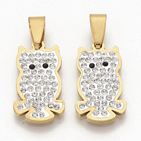 201 Stainless Steel Pendants, with Random Size Snap On Bails and Polymer Clay Crystal Rhinestones, Owl