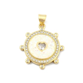 Brass Micro Pave Clear Cubic Zirconia Pendants, with Sythetic Opal, Flat Round with Heart