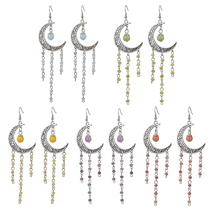 Tibetan Style Alloy Hollow Moon Chandelier Earrings, Natural Mixed Gemstone Tassel Long Drop Earrings