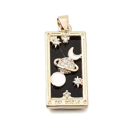 Brass Micro Pave Clear Cubic Zirconia Enamel Pendants, The World Tarot Card Charms with Resin, Long-Lasting Plated, Cadmium Free & Lead Free, Real 18K Gold Plated