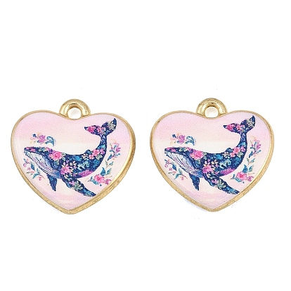 Printed Alloy Pendants, Heart with Whale Charms, Golden, Rack Plating