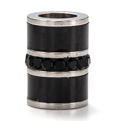304 Stainless Steel Beads, Large Hole Beads, with Jet Rhinestone, Column