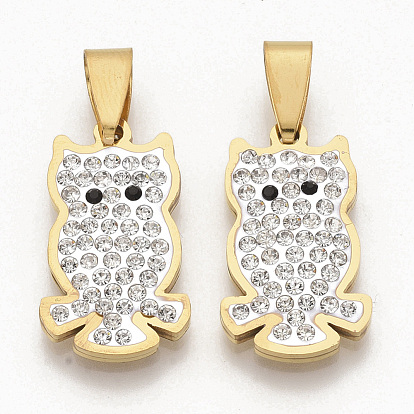 201 Stainless Steel Pendants, with Random Size Snap On Bails and Polymer Clay Crystal Rhinestones, Owl
