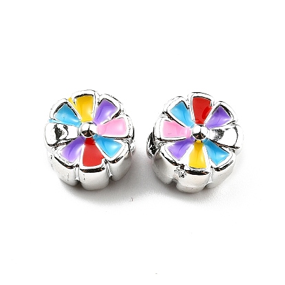 CCB Plastic European Beads, Large Hole Beads, Enamel Style, Flat Round with Flower