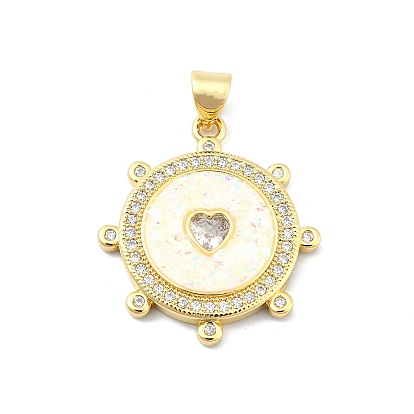 Brass Micro Pave Clear Cubic Zirconia Pendants, Cadmium Free & Lead Free, with Sythetic Opal, Flat Round with Heart