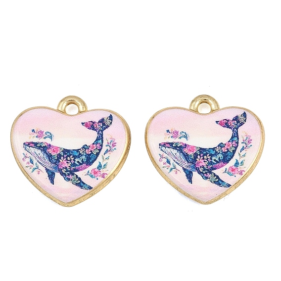 Printed Alloy Pendants, Heart with Whale Charms, Golden, Rack Plating