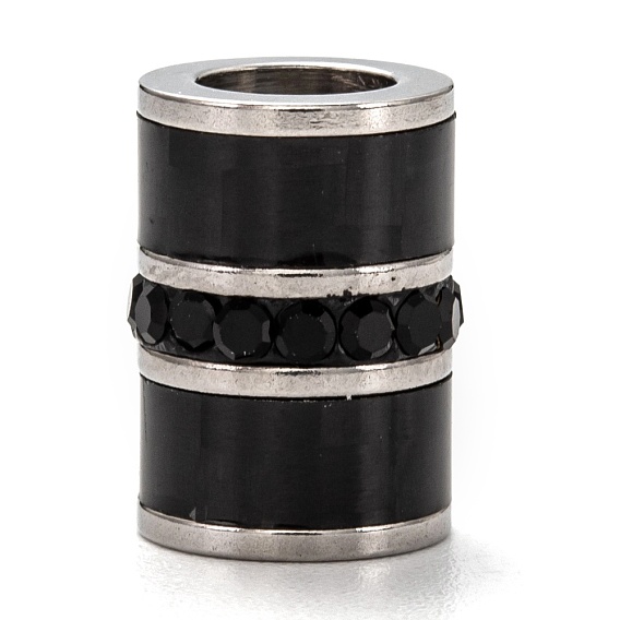 304 Stainless Steel Beads, Large Hole Beads, with Jet Rhinestone, Column