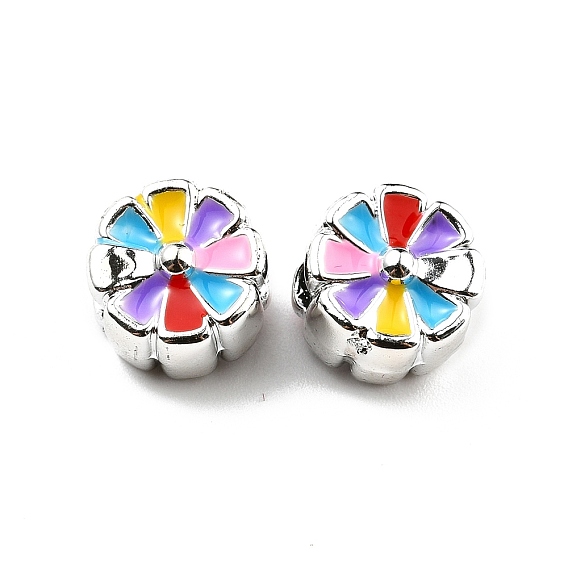 CCB Plastic European Beads, Large Hole Beads, Enamel Style, Flat Round with Flower