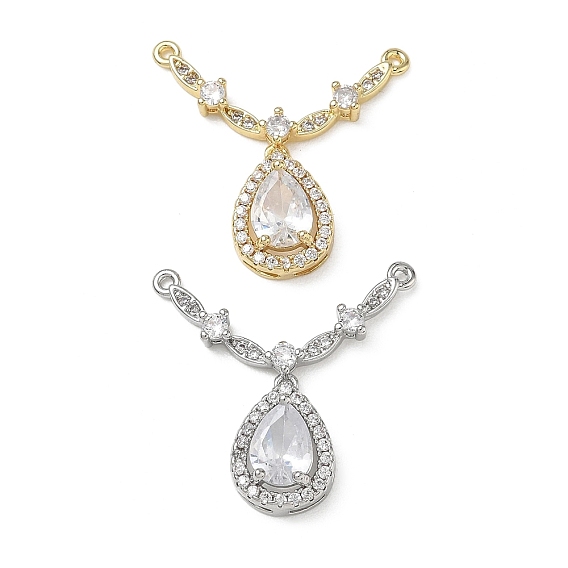 Brass Micro Pave Clear Cubic Zirconia Chandelier Component Links, V Shape with Teardrop