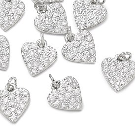 SHEGRACE Valentine's Day Brass Clear Cubic Zirconia Pendants, Heart Charms, Cadmium Free & Lead Free & Nickel Free