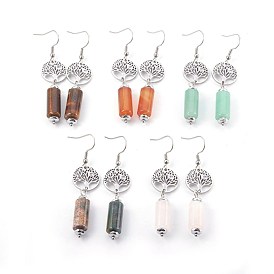 Pendientes colgantes naturales de piedras preciosas, con perlas de hematita sintética no magnética electroplateada y hallazgos de acero inoxidable, plano y redondo con el árbol de la vida